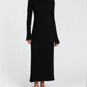 DISSH Black Maxi Sheath Dress with Bell Sleeves and Mock Neck
